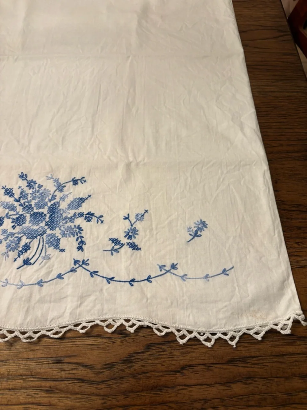 Pair Vintage Hand Embroidered Cotton Pillowcases Blue Floral Cottage Heirloom